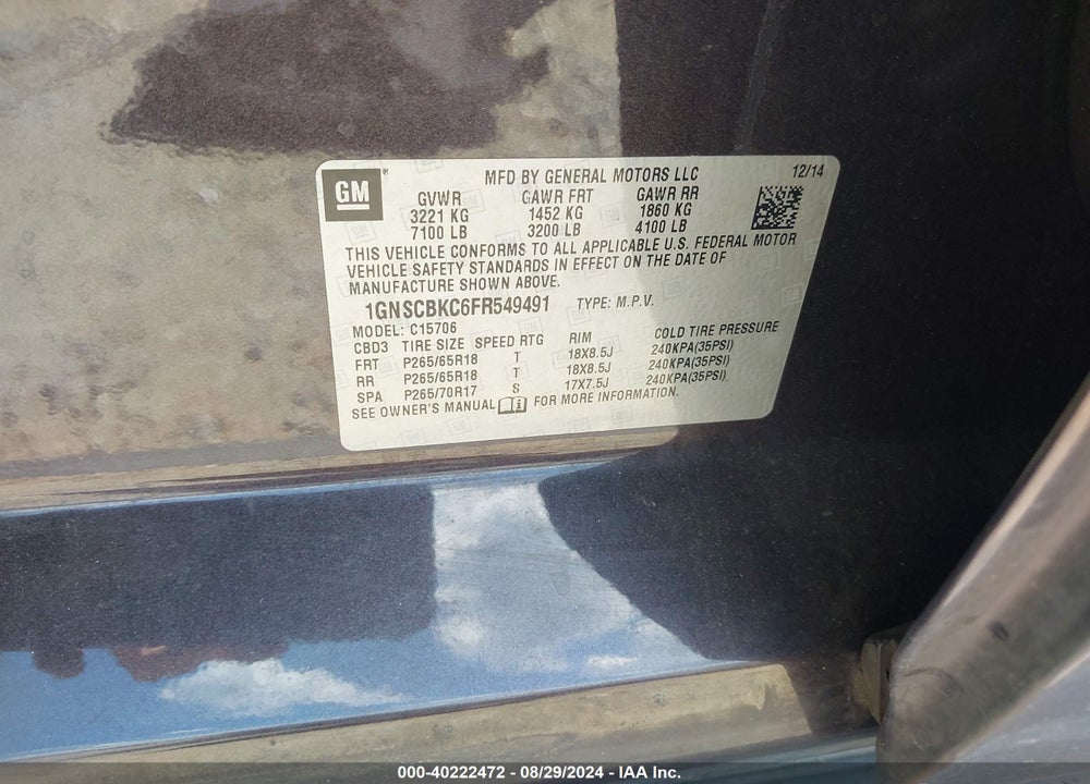 2015 CHEVROLET TAHOE LT VIN: 1GNSCBKC6FR549491