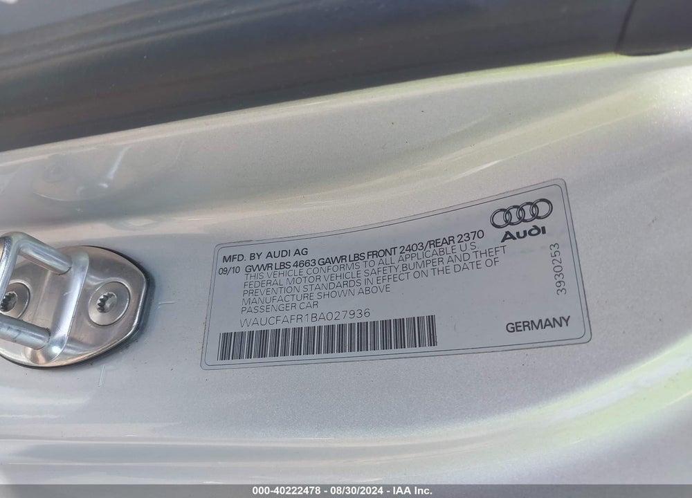 2011 AUDI A5 2.0T PREMIUM VIN: WAUCFAFR1BA027936