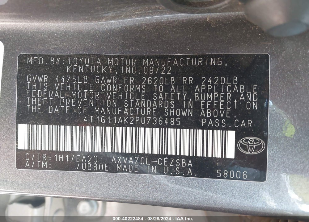 2023 TOYOTA CAMRY SE VIN: 4T1G11AK2PU736485