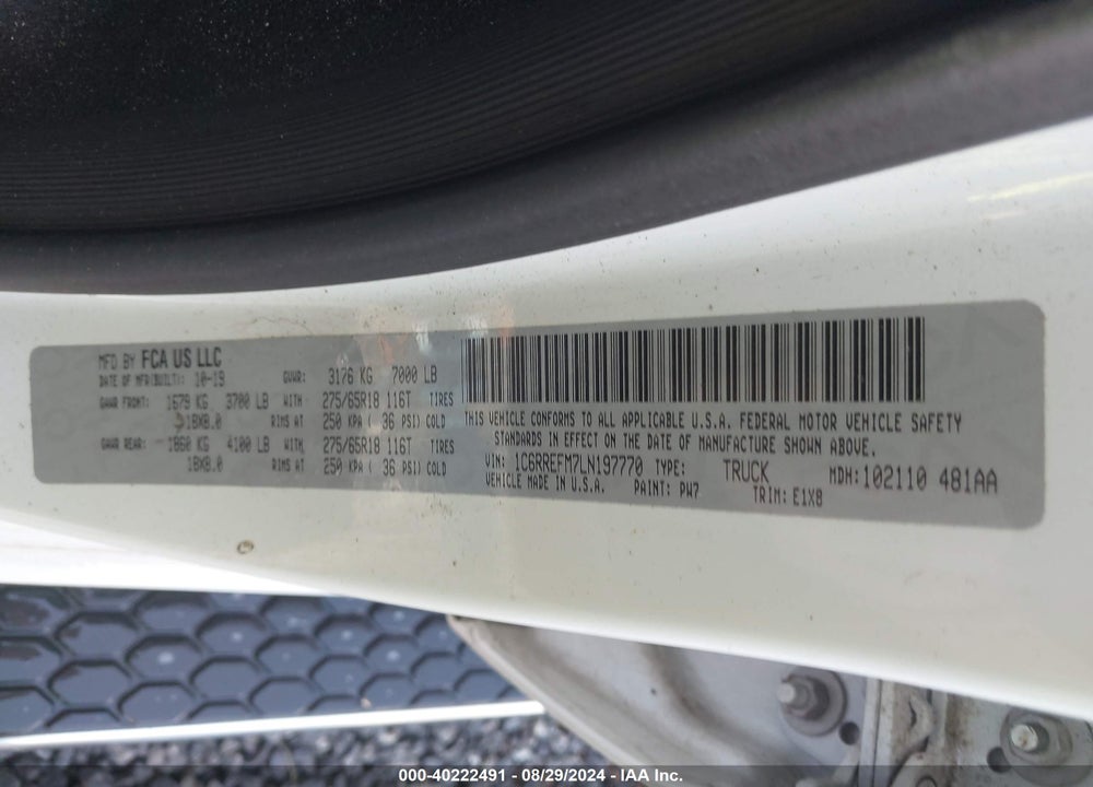 2020 RAM 1500 BIG HORN 4X2 5'7 BOX VIN: 1C6RREFM7LN197770