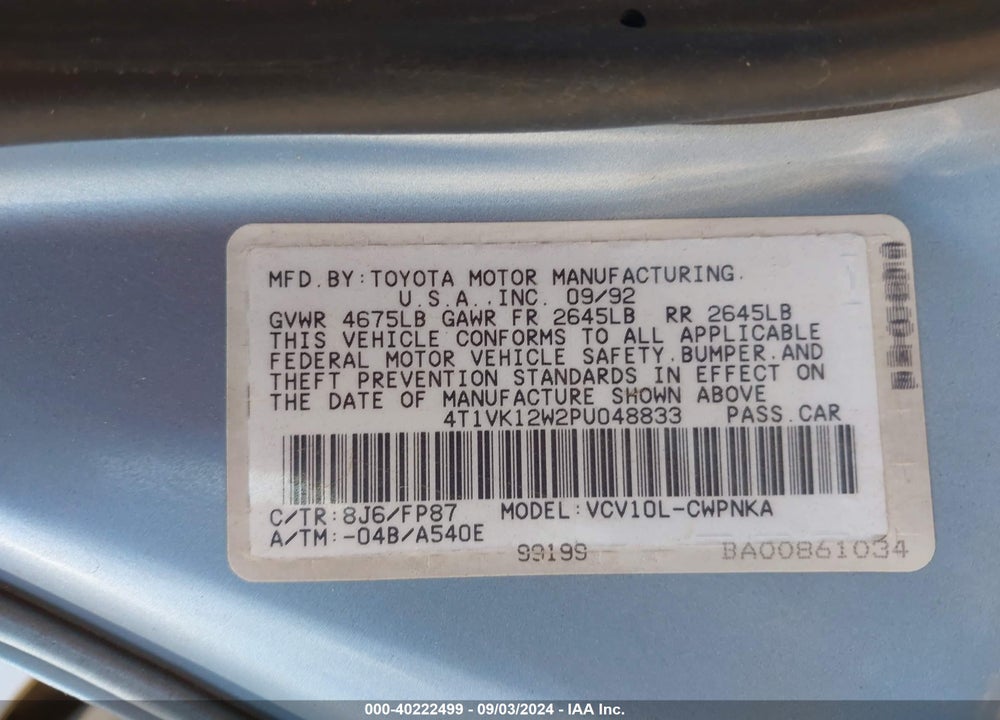 1993 TOYOTA CAMRY LE VIN: 4T1VK12W2PU048833