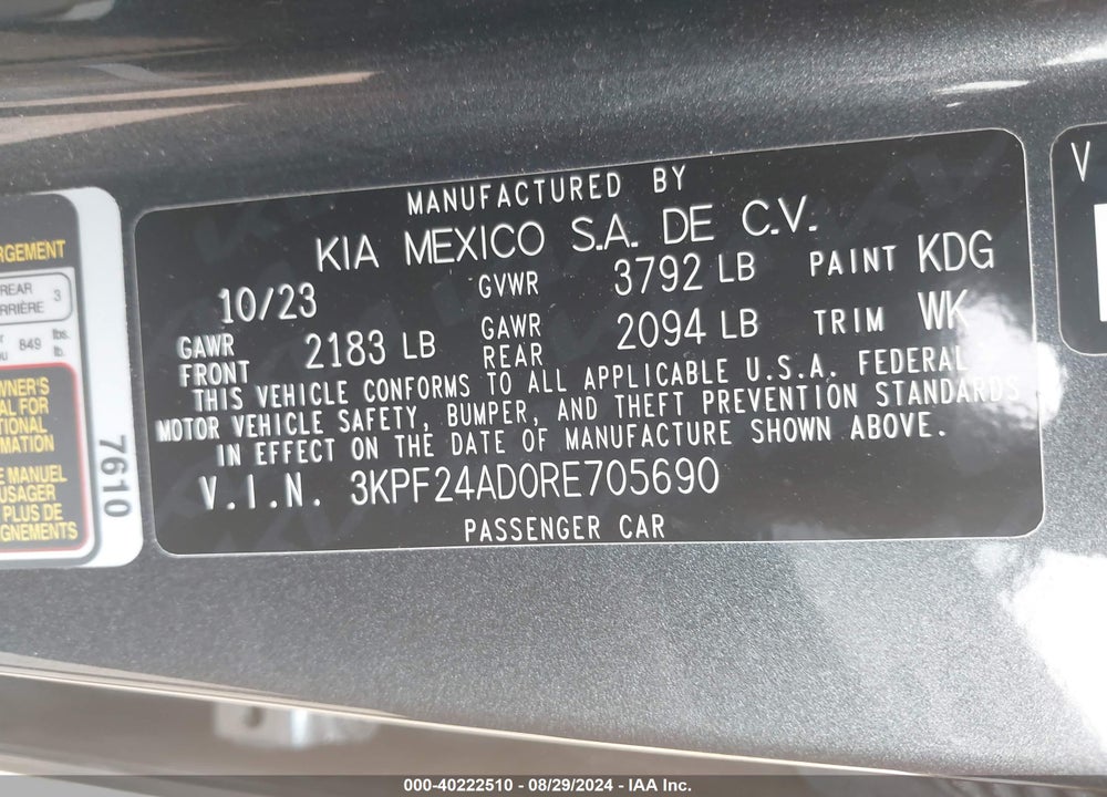 2024 KIA FORTE LXS VIN: 3KPF24AD0RE705690