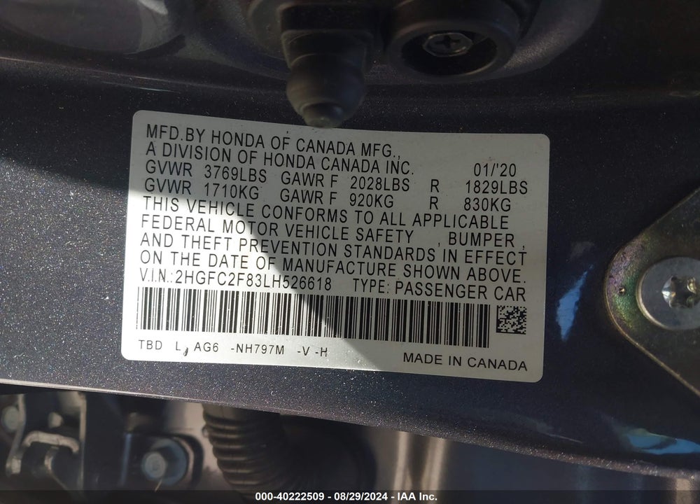 2020 SPORT HONDA CIVIC VIN: 2HGFC2F83LH526618