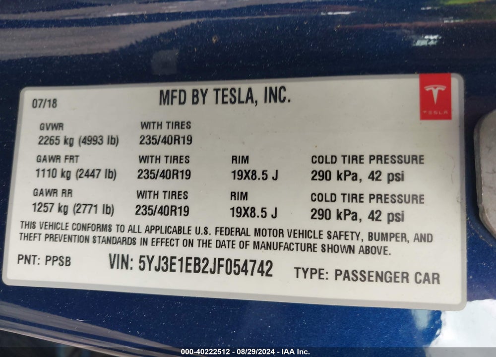 2018 TESLA MODEL 3 LONG RANGE/PERFORMANCE VIN: 5YJ3E1EB2JF054742