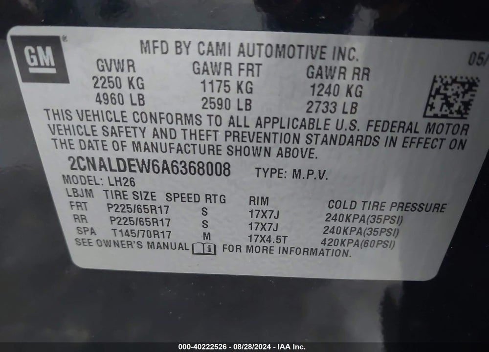2010 CHEVROLET EQUINOX LT VIN: 2CNALDEW6A6368008