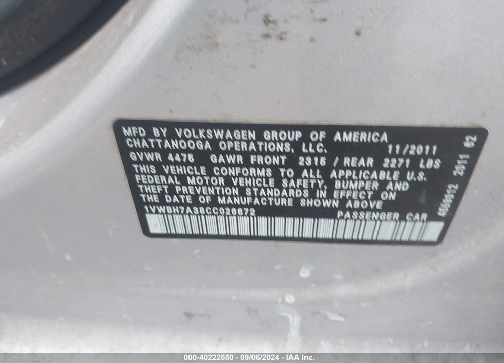 2012 VOLKSWAGEN PASSAT 2.5L SE VIN: 1VWBH7A38CC026672