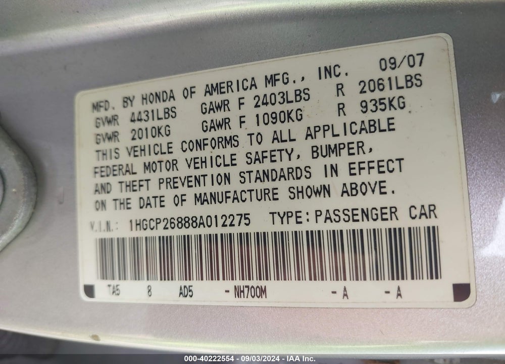 2008 HONDA ACCORD 2.4 EX-L VIN: 1HGCP26888A012275