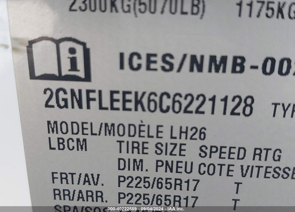 2012 CHEVROLET EQUINOX LT VIN: 2GNFLEEK6C6221128