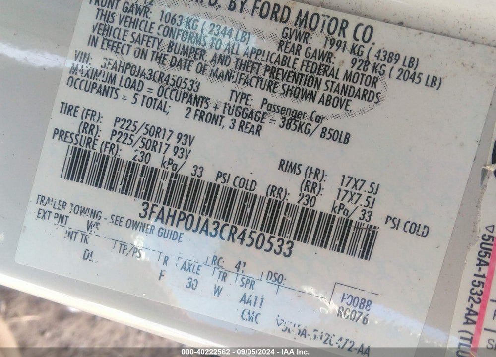 2012 FORD FUSION SEL VIN: 3FAHP0JA3CR450533
