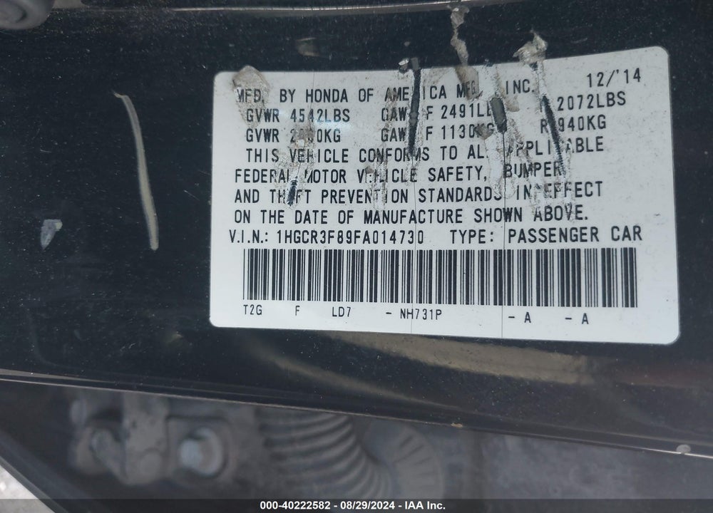 2015 HONDA ACCORD EX-L V-6 VIN: 1HGCR3F89FA014730