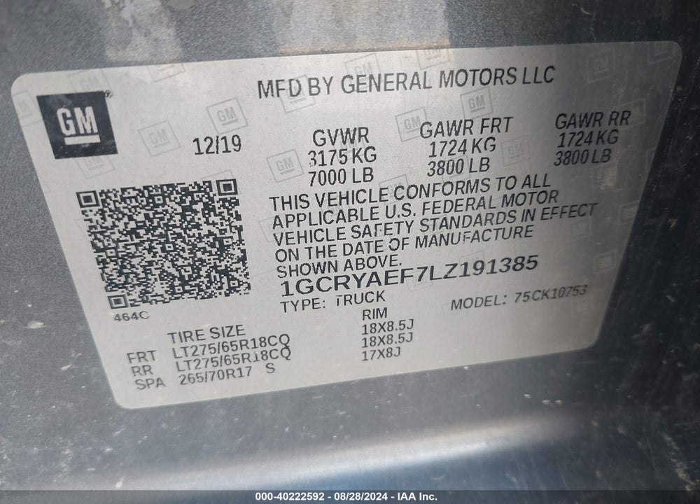2020 CHEVROLET SILVERADO 1500 4WD DOUBLE CAB STANDARD BED WT VIN: 1GCRYAEF7LZ191385