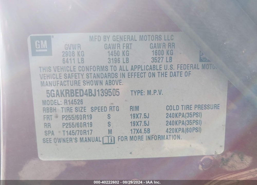 2011 BUICK ENCLAVE 1XL VIN: 5GAKRBED4BJ139505
