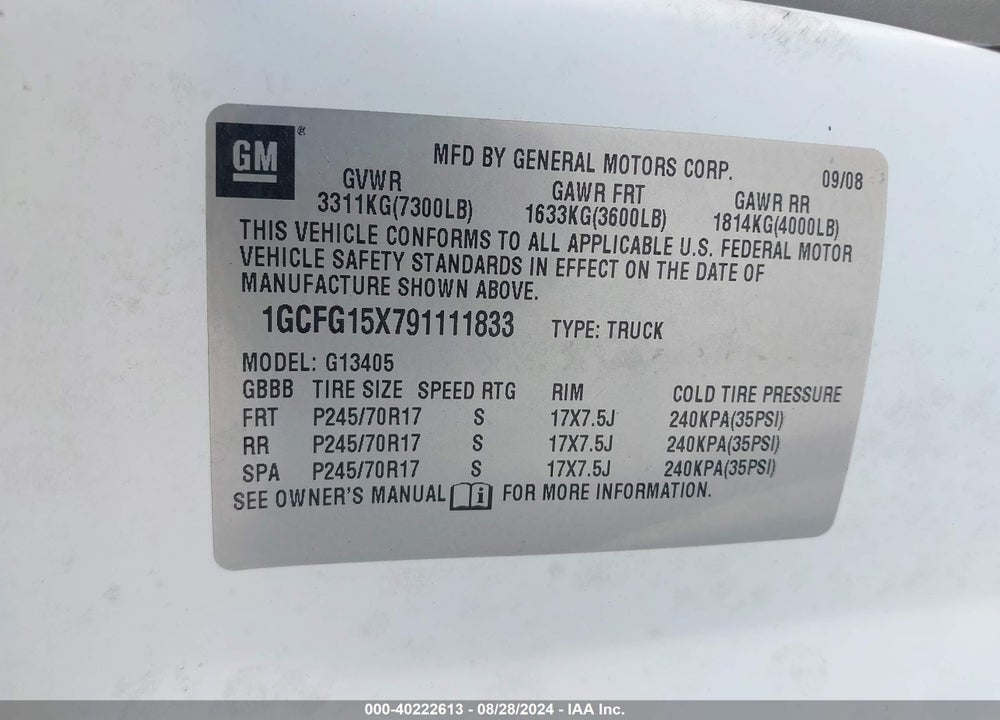2009 CHEVROLET EXPRESS 1500 WORK VAN VIN: 1GCFG15X791111833