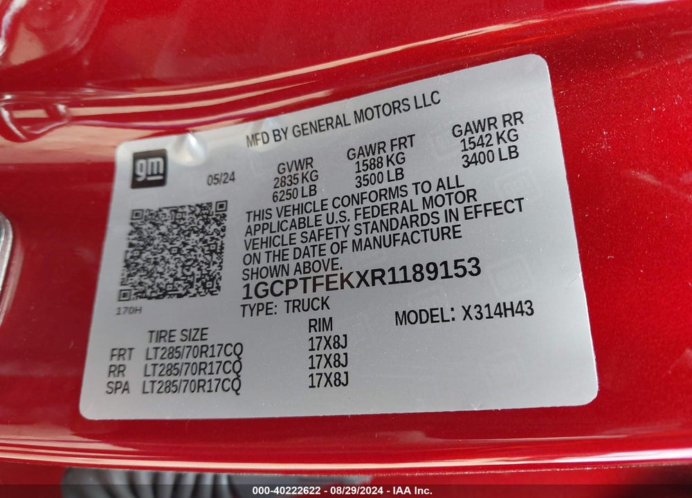 2024 CHEVROLET COLORADO VIN: 1GCPTFEKXR1189153
