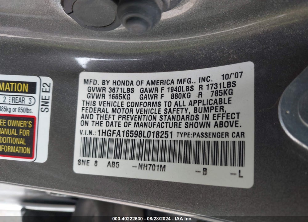 2008 HONDA CIVIC SDN LX VIN: 1HGFA16598L018251