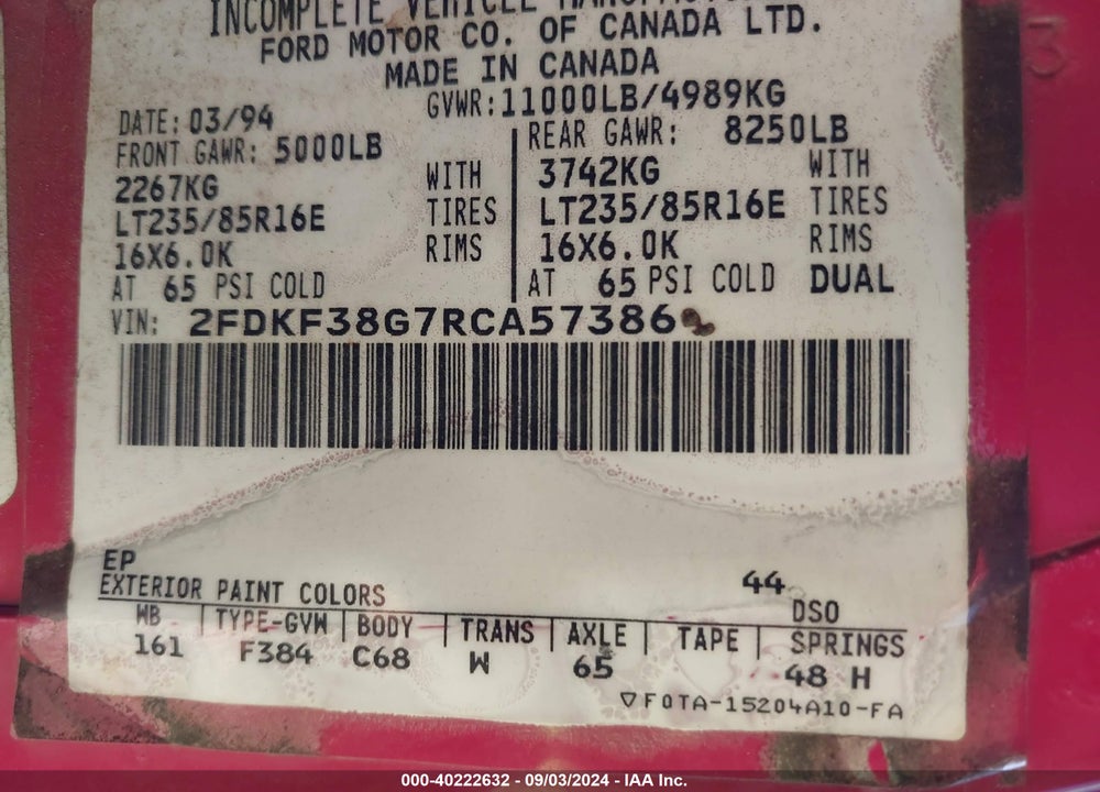 1994 FORD F350 VIN: 2FDKF38G7RCA57386