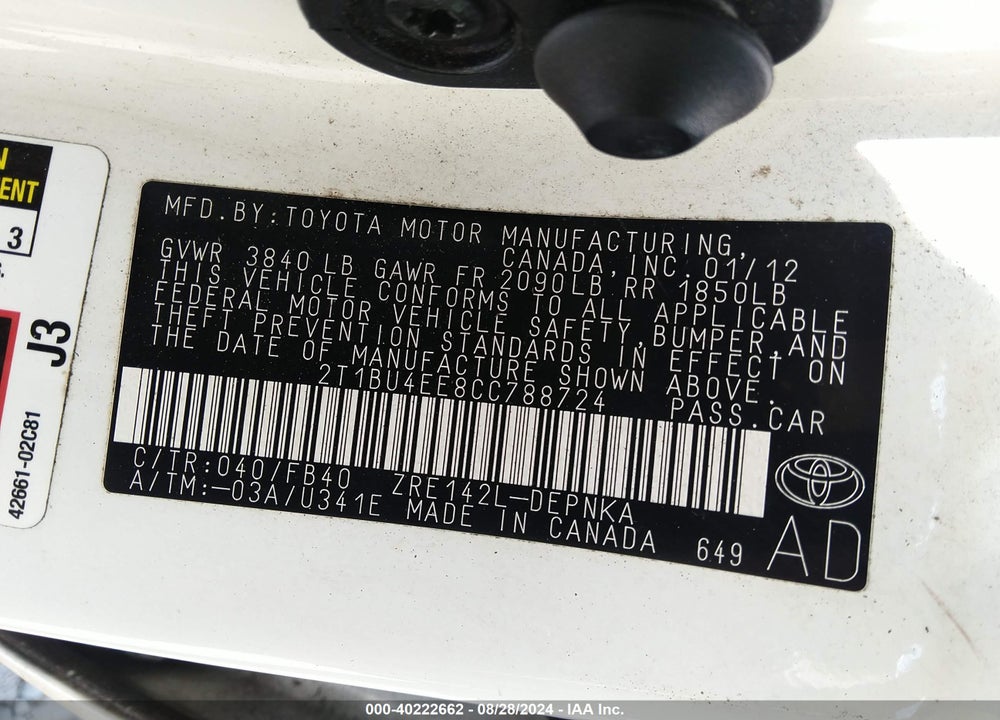 2012 TOYOTA COROLLA LE VIN: 2T1BU4EE8CC788724