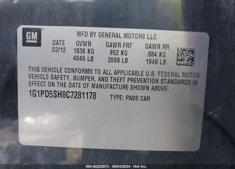 2012 CHEVROLET CRUZE LS VIN: 1G1PD5SH8C7281178