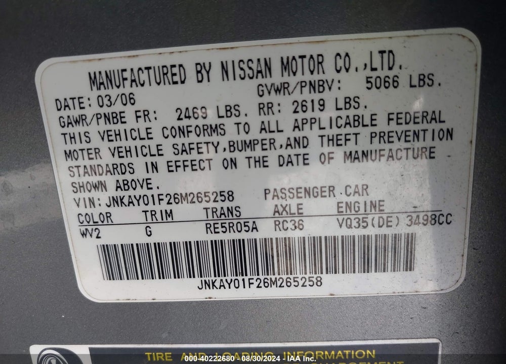 2006 INFINITI M35X VIN: JNKAY01F26M265258