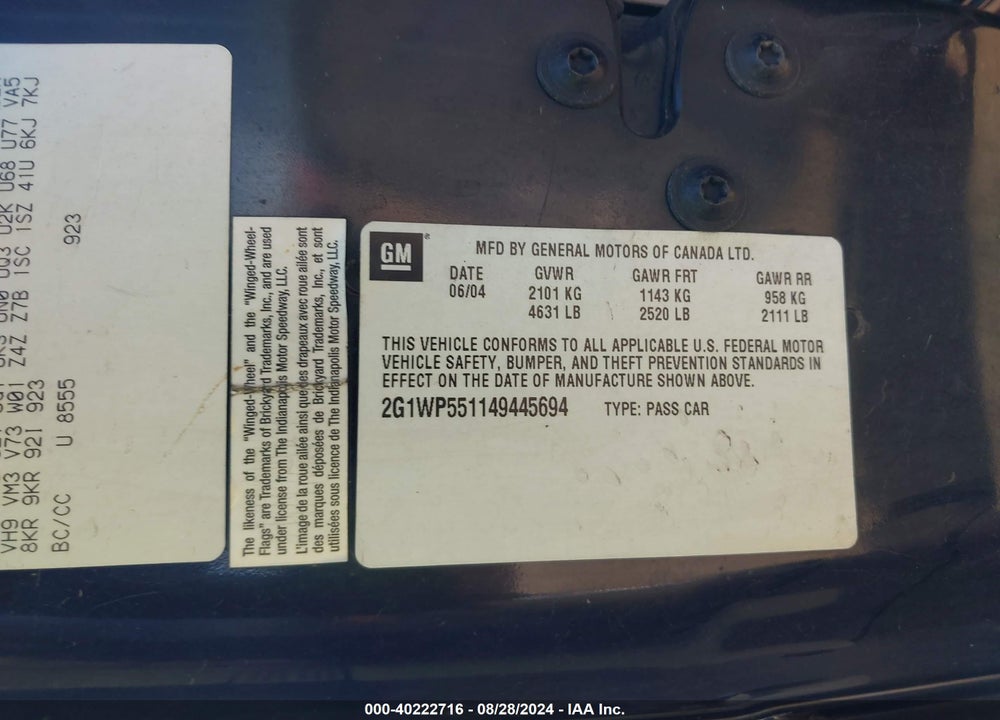 2004 CHEVROLET IMPALA SS SUPERCHARGED VIN: 2G1WP551149445694