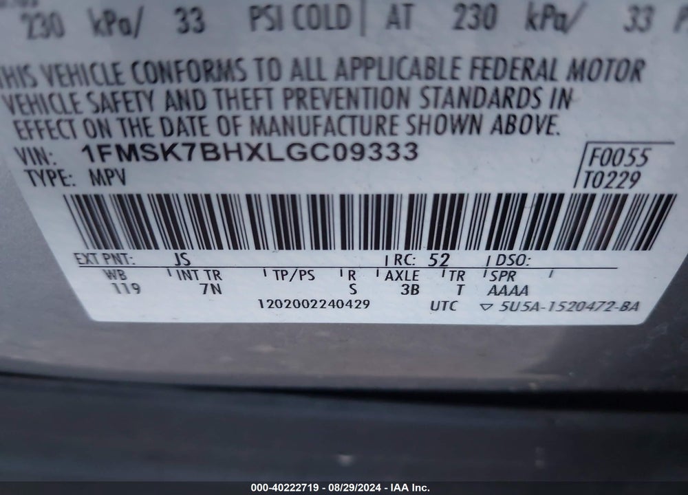 2020 FORD EXPLORER VIN: 1FMSK7BHXLGC09333