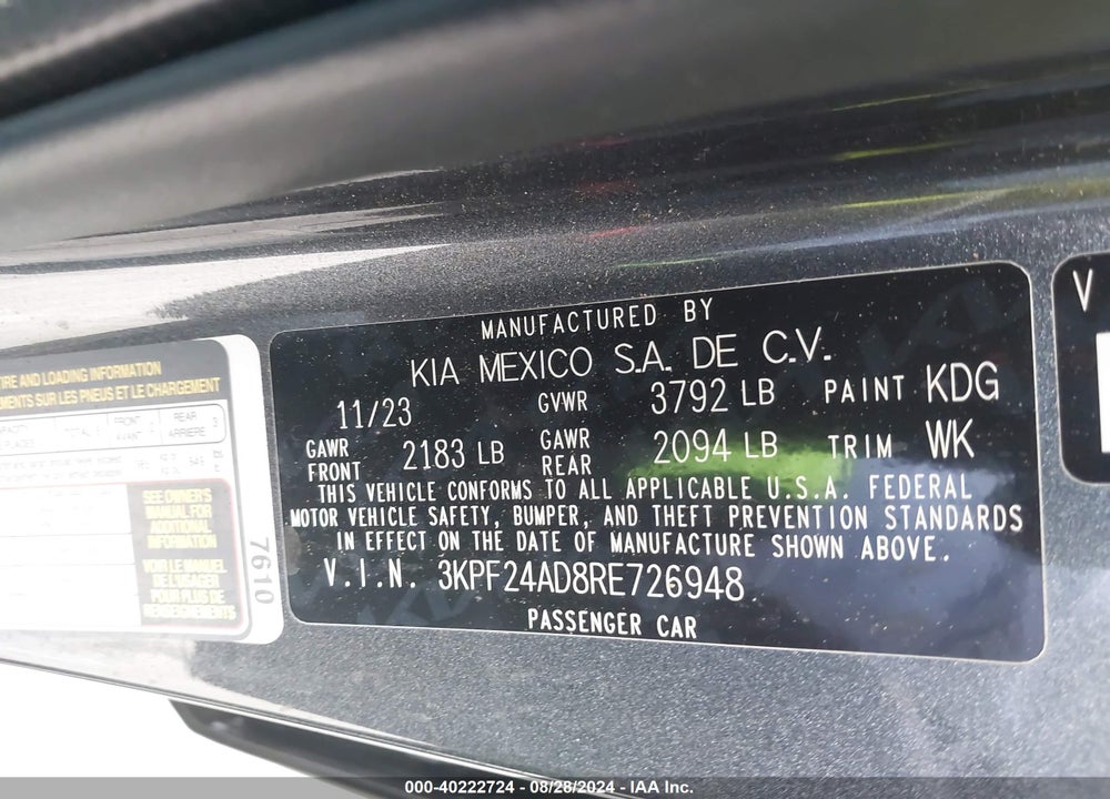 2024 KIA FORTE LXS VIN: 3KPF24AD8RE726948