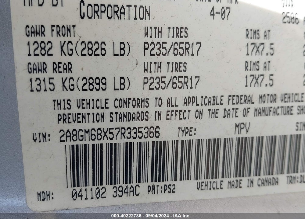 2007 CHRYSLER PACIFICA TOURING VIN: 2A8GM68X57R335366