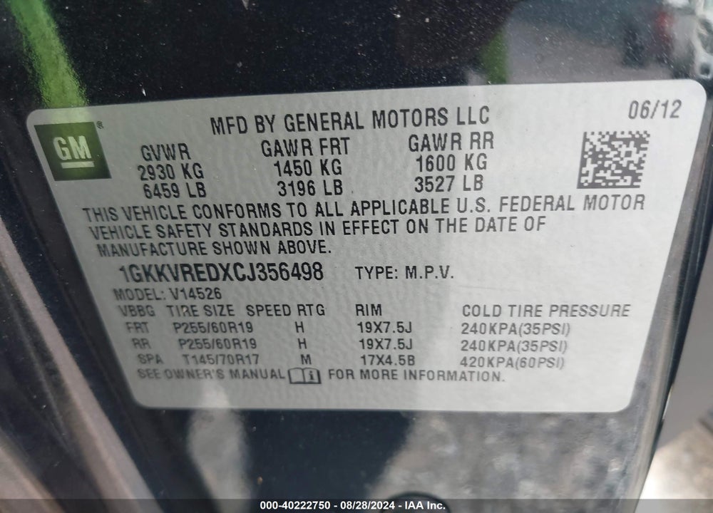 2012 GMC ACADIA SLT-1 VIN: 1GKKVREDXCJ356498