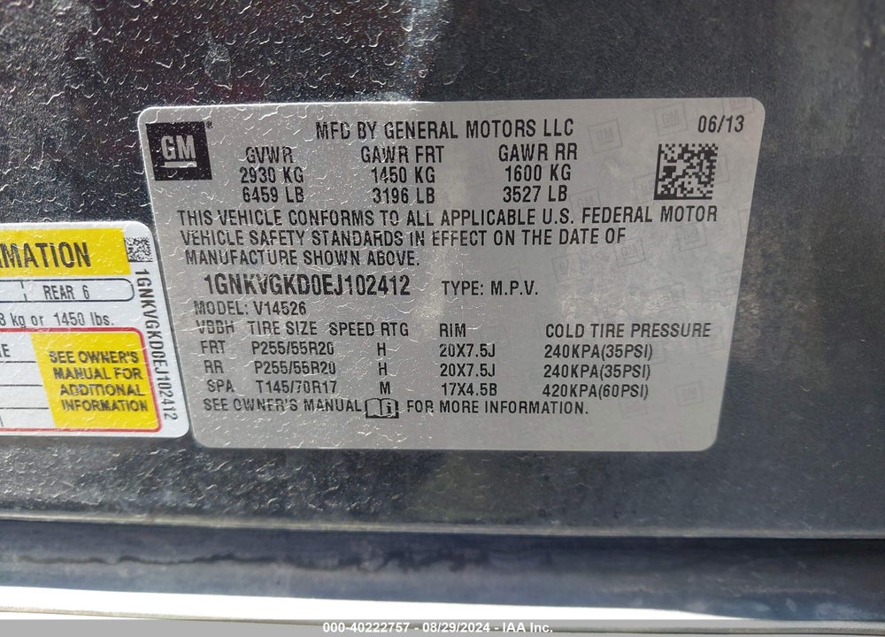 2014 CHEVROLET TRAVERSE 1LT VIN: 1GNKVGKD0EJ102412