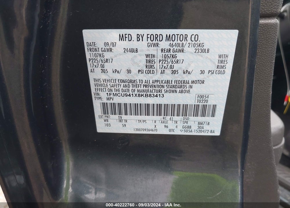 2008 FORD ESCAPE LIMITED VIN: 1FMCU941X8KB83413