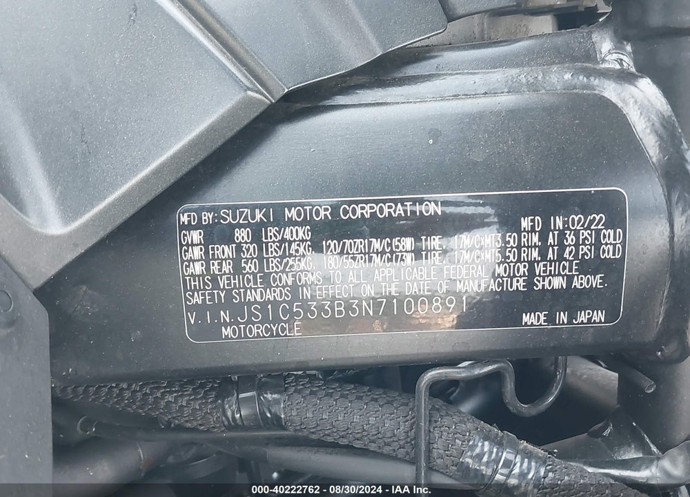 2022 SUZUKI GSX-S750 M/Z VIN: JS1C533B3N7100891