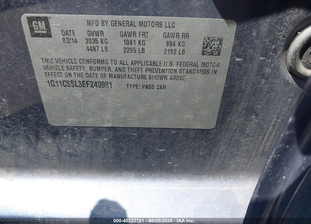 2014 CHEVROLET MALIBU 1LT VIN: 1G11C5SL3EF240981