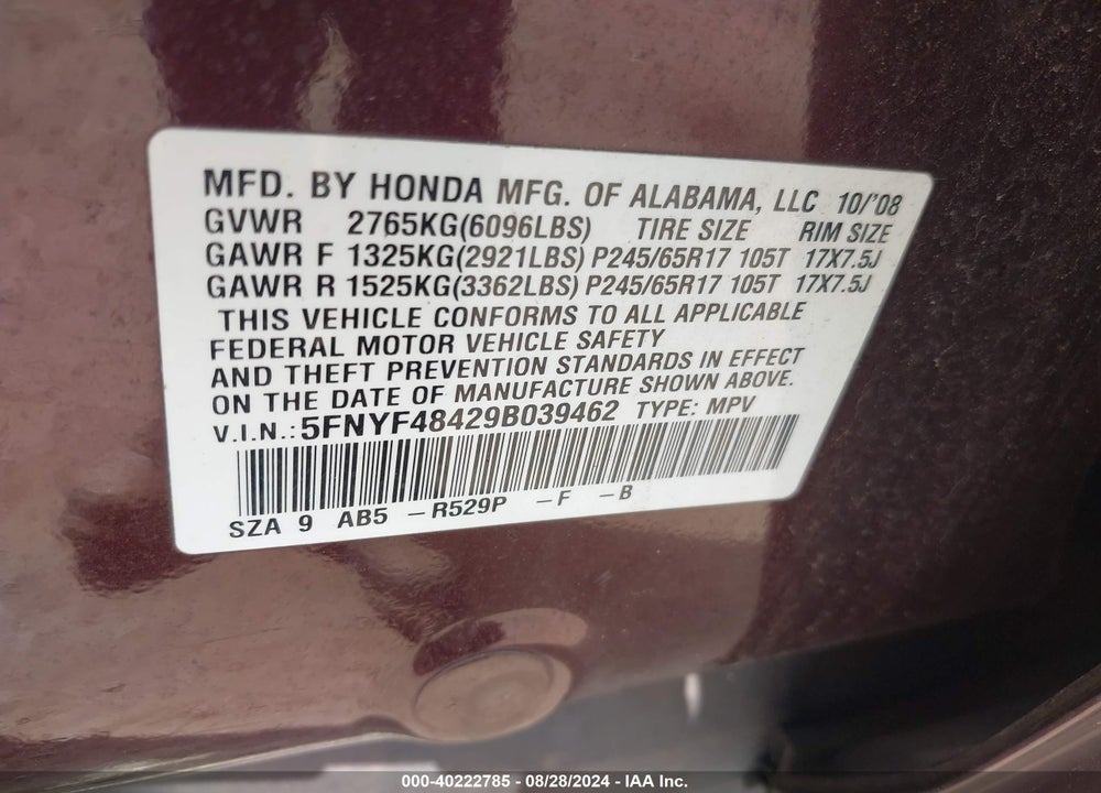2009 HONDA PILOT EX VIN: 5FNYF48429B039462