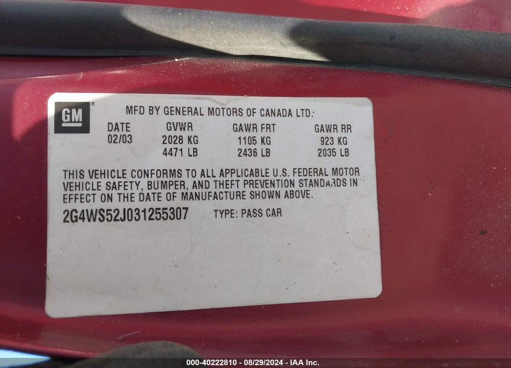 2003 BUICK CENTURY CUSTOM VIN: 2G4WS52J031255307