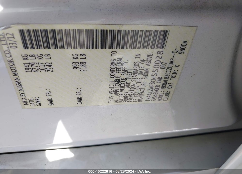 2012 NISSAN ALTIMA 2.5 S VIN: 1N4AL2AP8CN550028