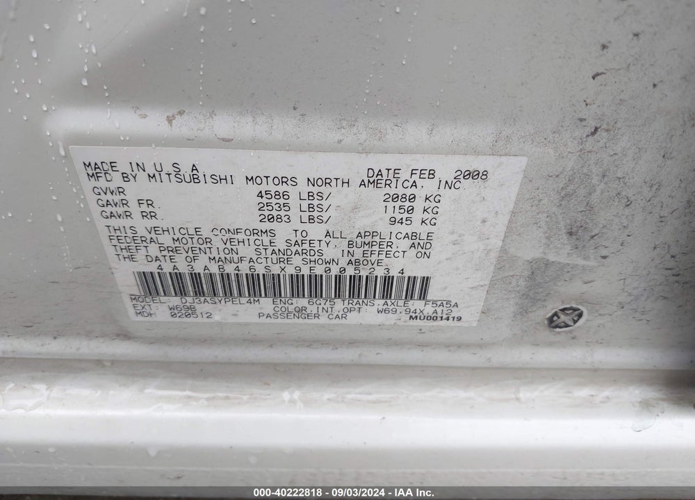 2009 MITSUBISHI GALANT SPORT V6 VIN: 4A3AB46SX9E005234