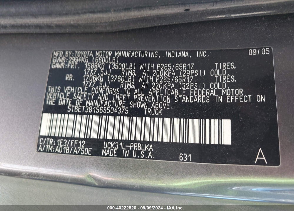 2006 TOYOTA TUNDRA LIMITED V8 VIN: 5TBET38156S504375