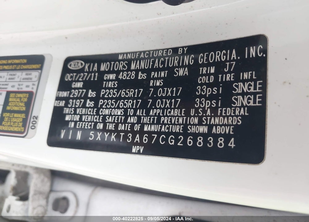 2012 KIA SORENTO LX VIN: 5XYKT3A67CG268384