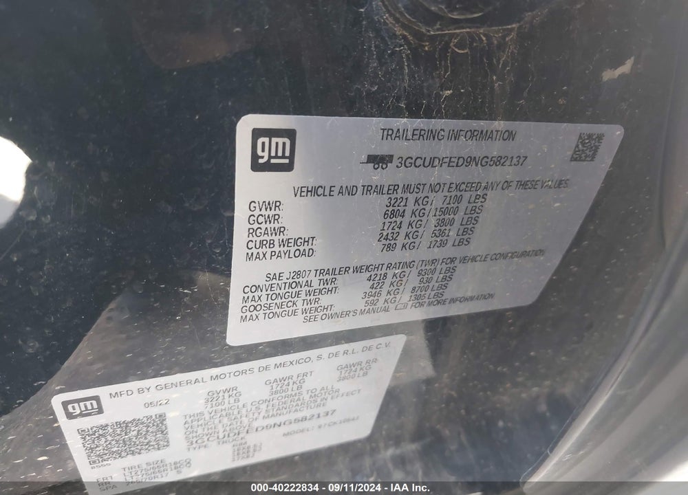 2022 CHEVROLET SILVERADO 1500 4WD SHORT BED LT TRAIL BOSS VIN: 3GCUDFED9NG582137