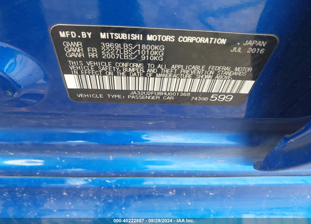 2017 MITSUBISHI LANCER ES VIN: JA32U2FU8HU001368