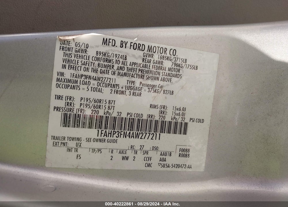 2010 FORD FOCUS SE VIN: 1FAHP3FN4AW277211