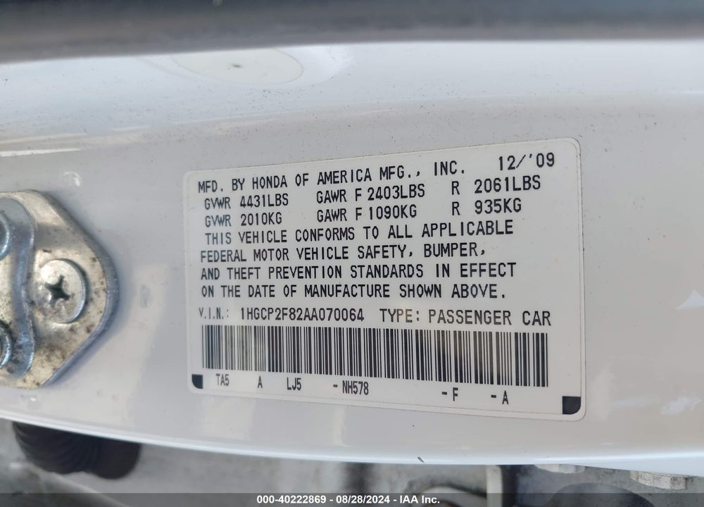 2010 HONDA ACCORD SDN 2.4 EX-L/EX-L VIN: 1HGCP2F82AA070064