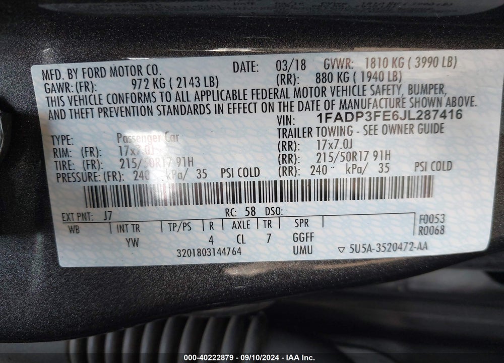 2018 FORD FOCUS SE VIN: 1FADP3FE6JL287416