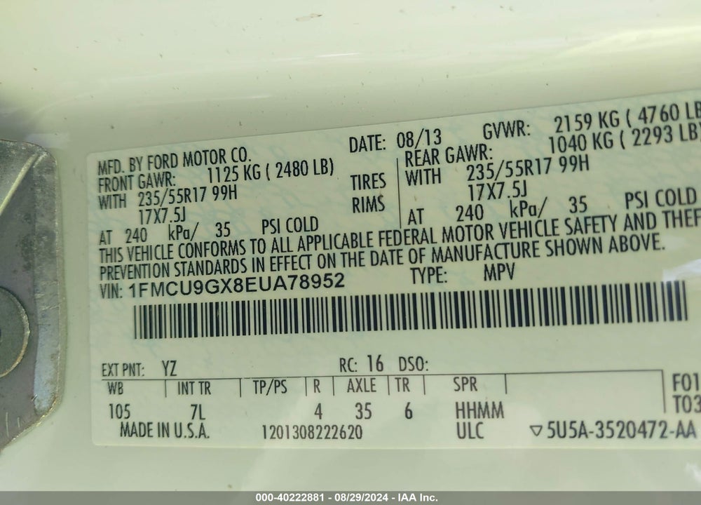 2014 FORD ESCAPE SE VIN: 1FMCU9GX8EUA78952