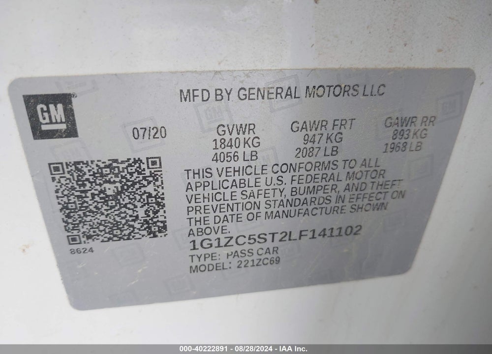 2020 CHEVROLET MALIBU FWD 1FL VIN: 1G1ZC5ST2LF141102