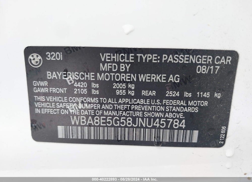 2018 BMW 320I XDRIVE VIN: WBA8E5G58JNU45784