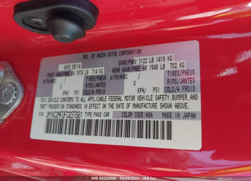 2015 MAZDA MX-5 MIATA CLUB VIN: JM1NC2MF2F0237881