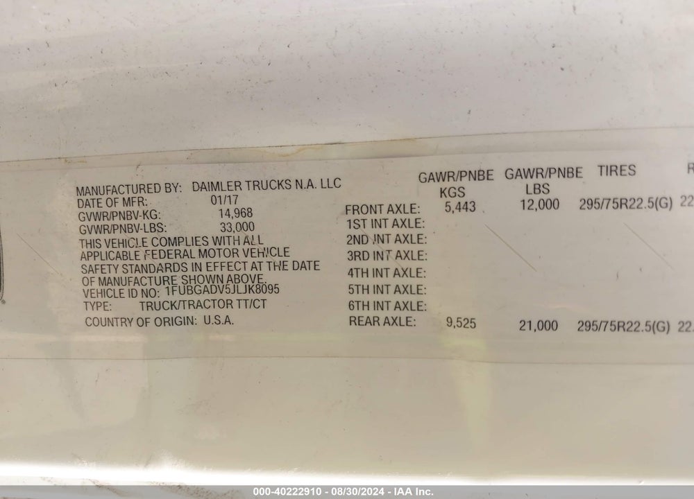 2018 FREIGHTLINER CASCADIA 113 VIN: 1FUBGADV5JLJK8095