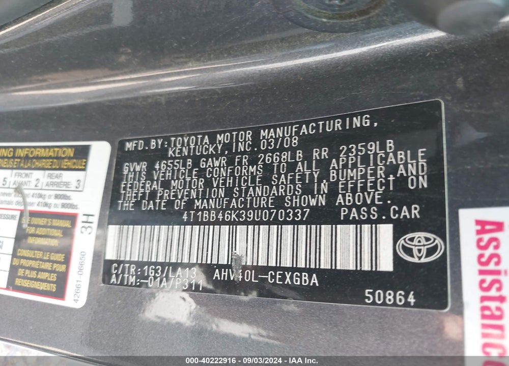 2009 TOYOTA CAMRY HYBRID VIN: 4T1BB46K39U070337