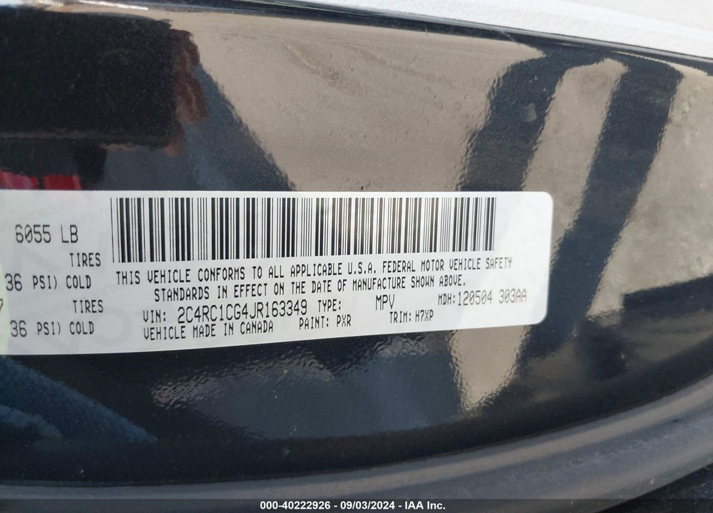 2018 CHRYSLER PACIFICA LX VIN: 2C4RC1CG4JR163349
